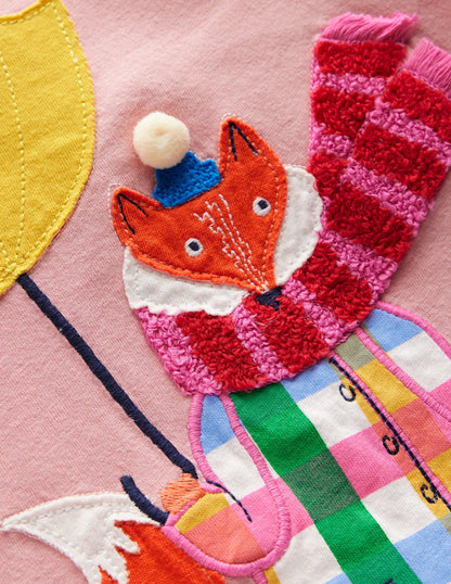 T-shirt manches longues à appliqué-Renard mauvais temps rose vintage-1