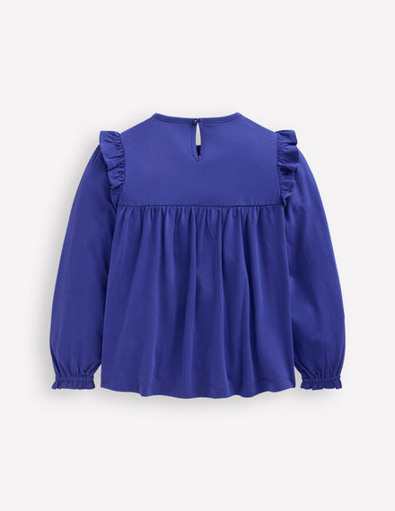 Embroidered Jersey Yoke Top-Sapphire Blue Embroidery
