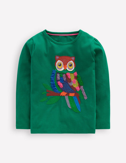 T-Shirt mit Puffärmeln und Applikation-Grün Eule