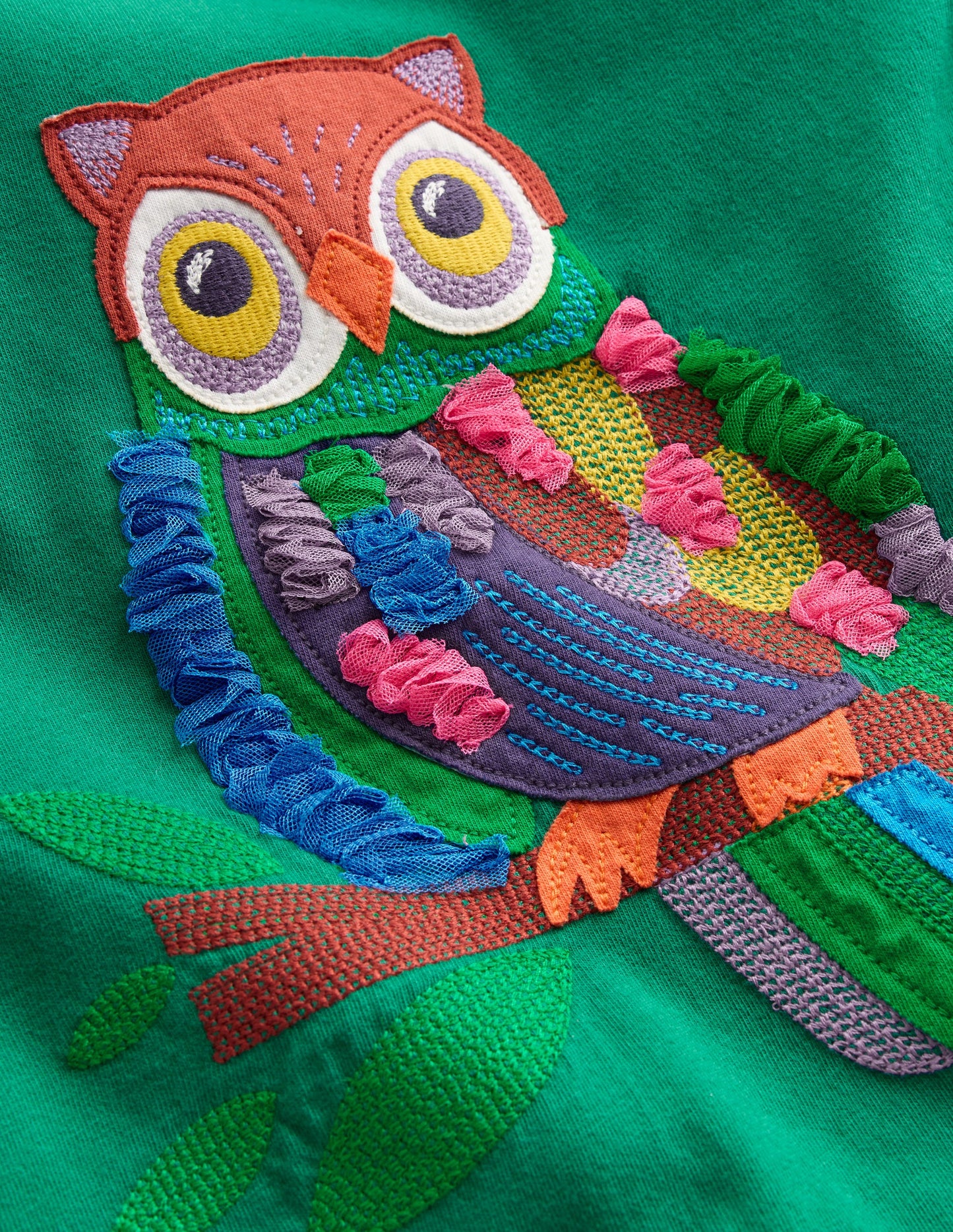 T-Shirt mit Puffärmeln und Applikation-Grün Eule