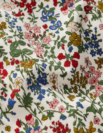 Eng anliegender, langer Schlafanzug-Sanftes Naturweiß Blumenmuster-3