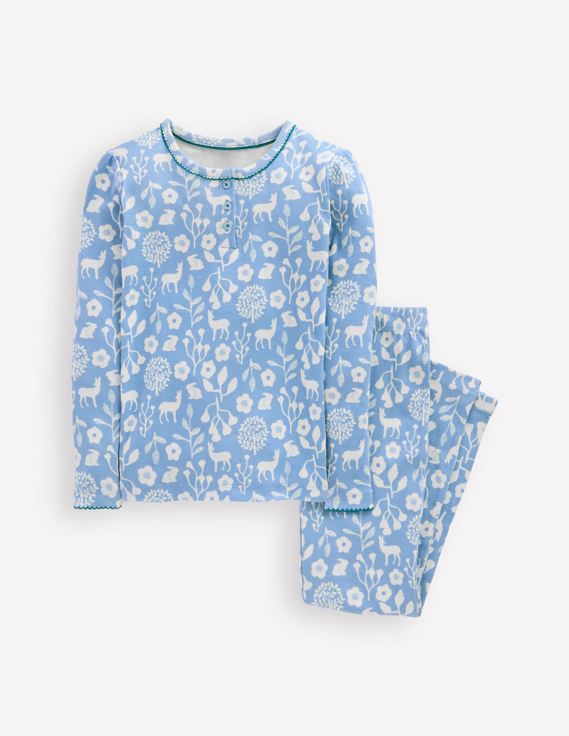 Snug Henley Pyjamas-Glacier Blue Woodland Print-2