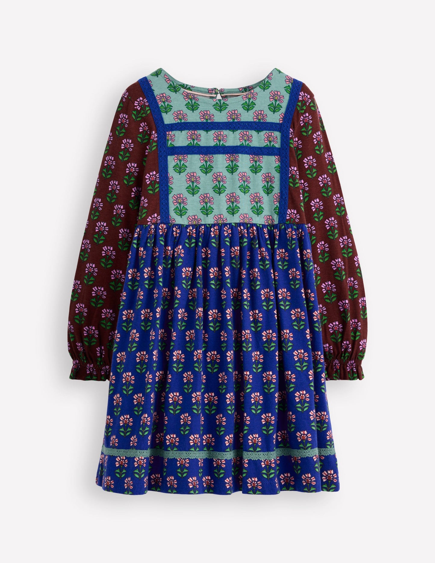 Jerseykleid mit Kuddelmuddel-Blumenmuster-Leuchtendes Blau Holzschnitt Blume