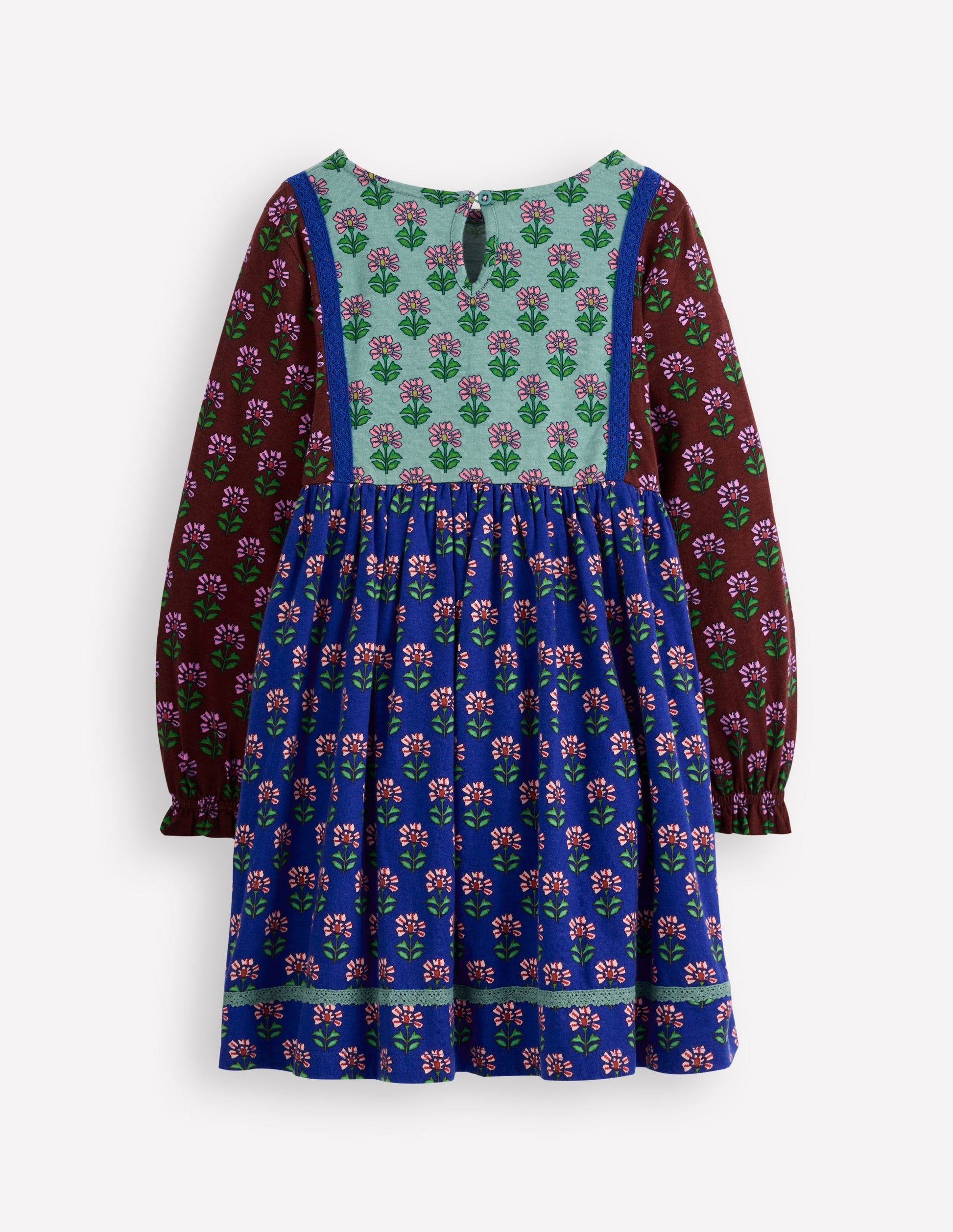 Jerseykleid mit Kuddelmuddel-Blumenmuster-Leuchtendes Blau Holzschnitt Blume-3
