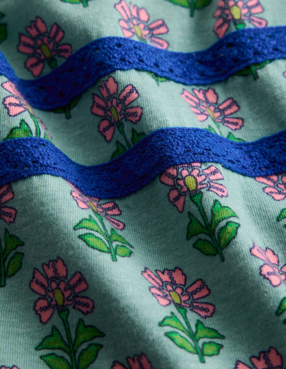 Jerseykleid mit Kuddelmuddel-Blumenmuster-Leuchtendes Blau Holzschnitt Blume-4