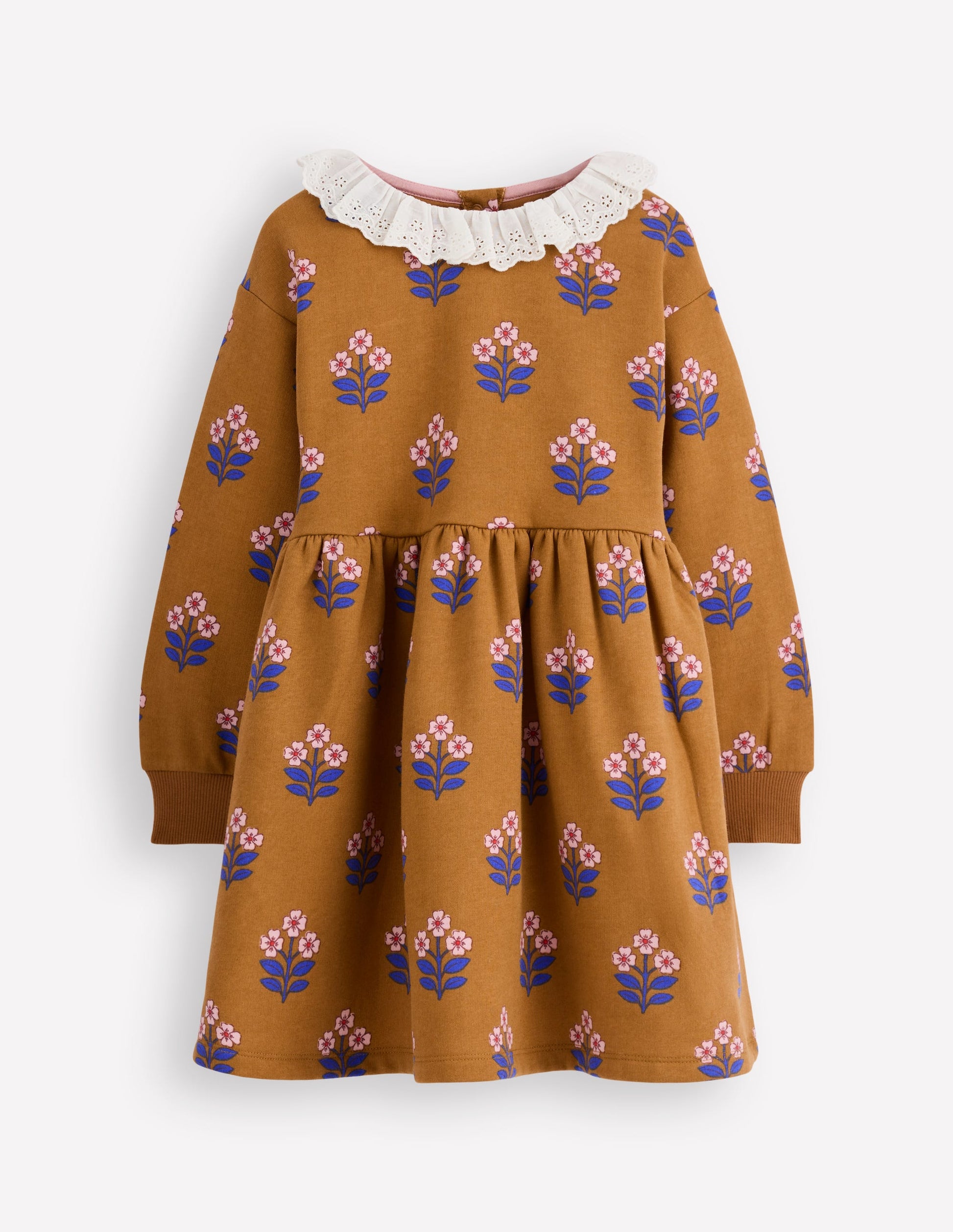 Sweatkleid mit Lochstickerei-Toffeebraun Blumenstempel-2