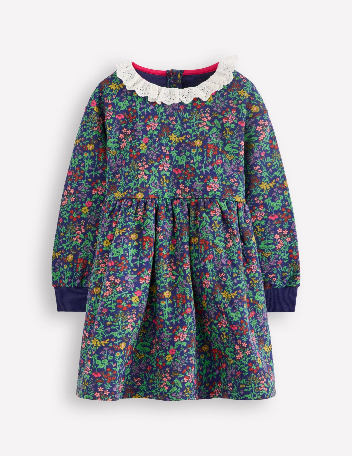 Robe-sweat à broderie anglaise-Motif Flower Meadow bleu marine universitaire