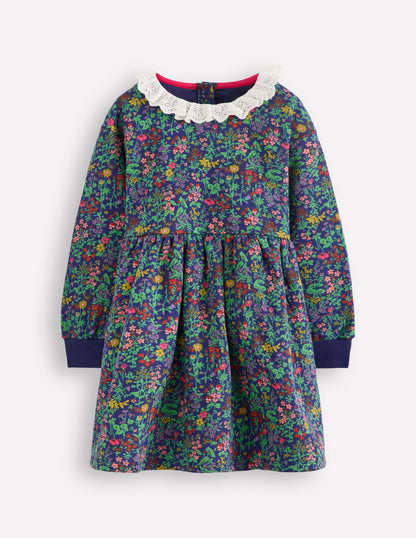 Robe-sweat à broderie anglaise-Motif Flower Meadow bleu marine universitaire-1