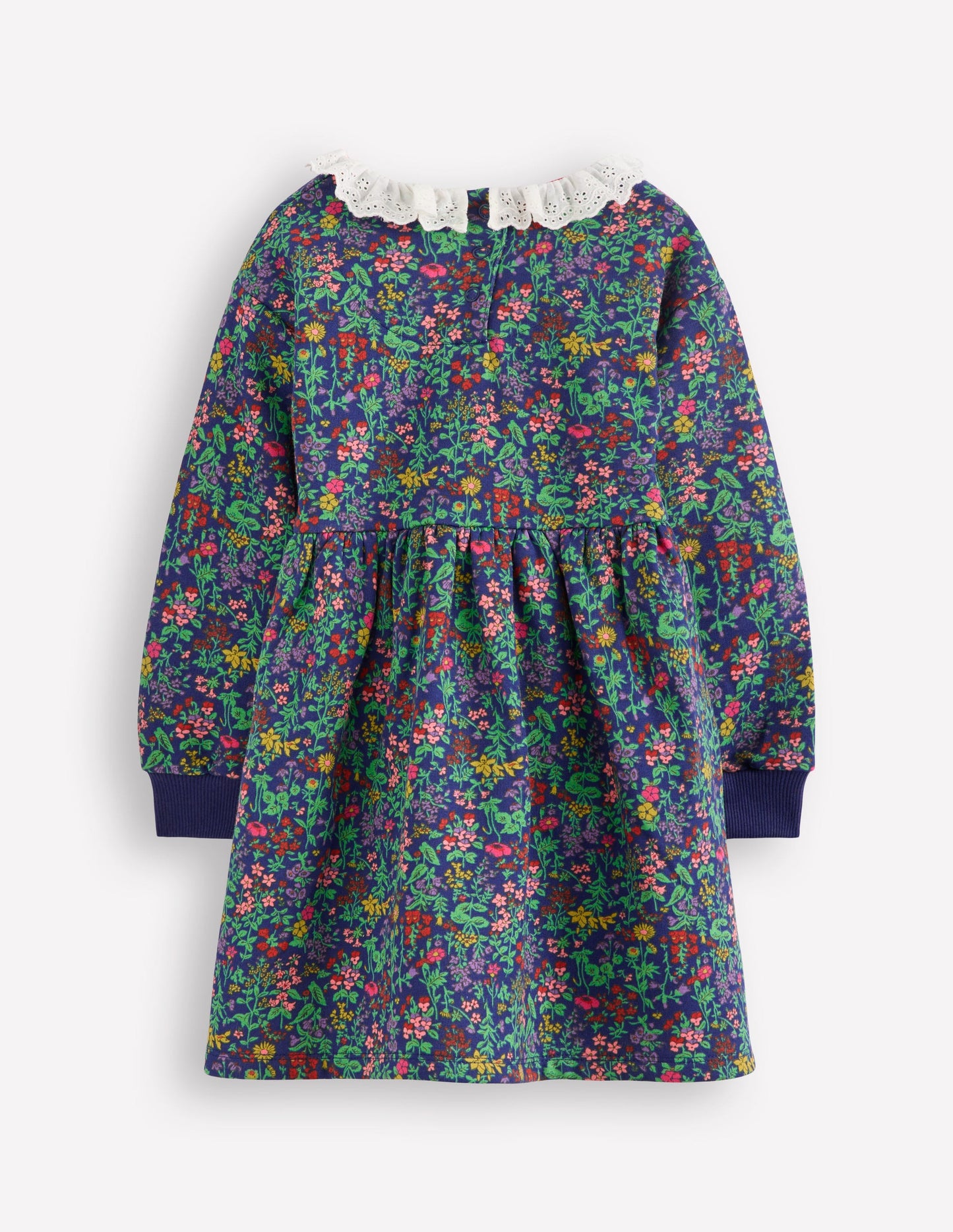 Robe-sweat à broderie anglaise-Motif Flower Meadow bleu marine universitaire