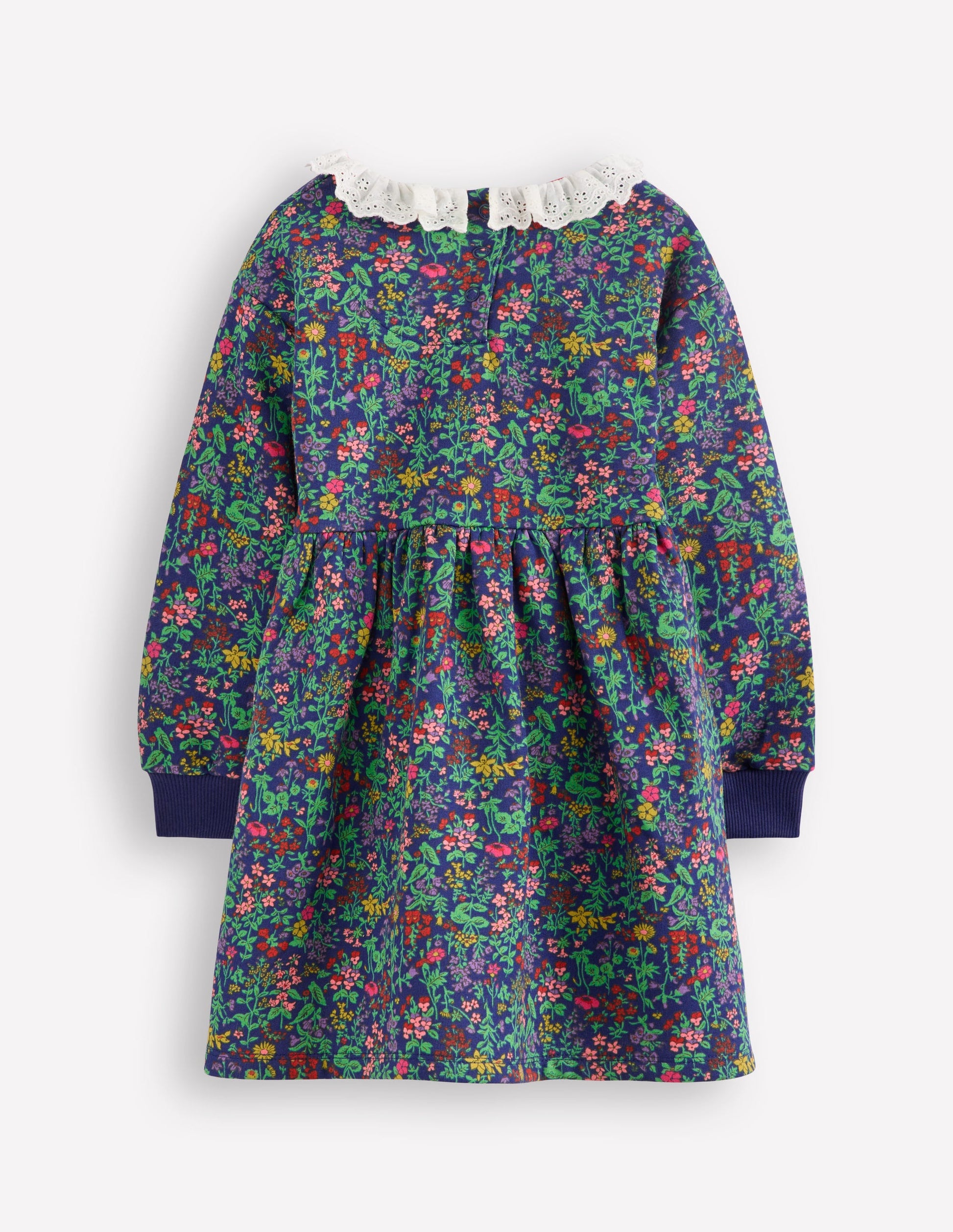 Robe-sweat à broderie anglaise-Motif Flower Meadow bleu marine universitaire-2