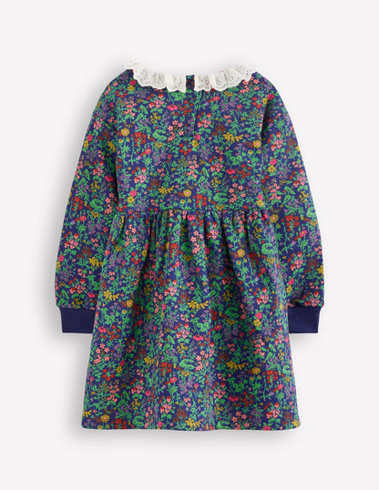 Robe-sweat à broderie anglaise-Motif Flower Meadow bleu marine universitaire-2