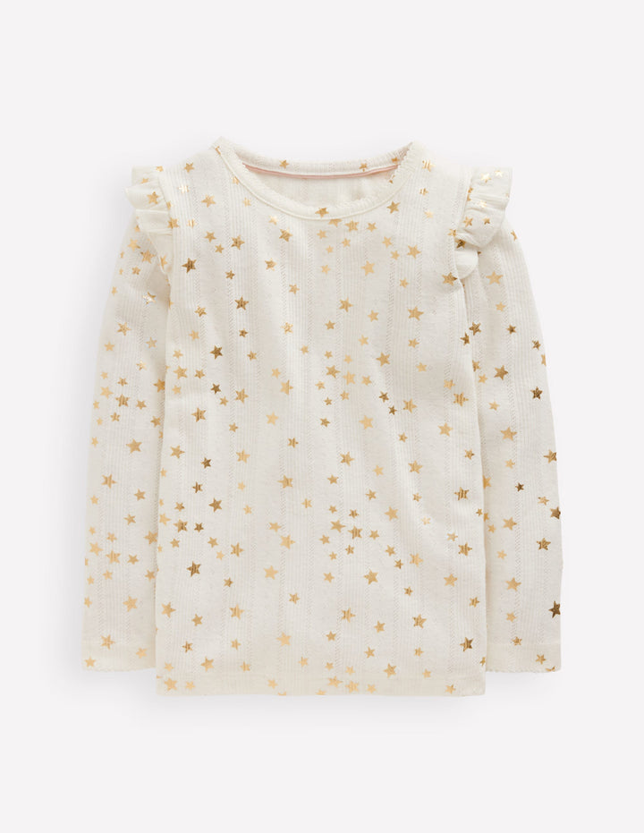 Frill Sleeve Pointelle Top-Soft Ivory