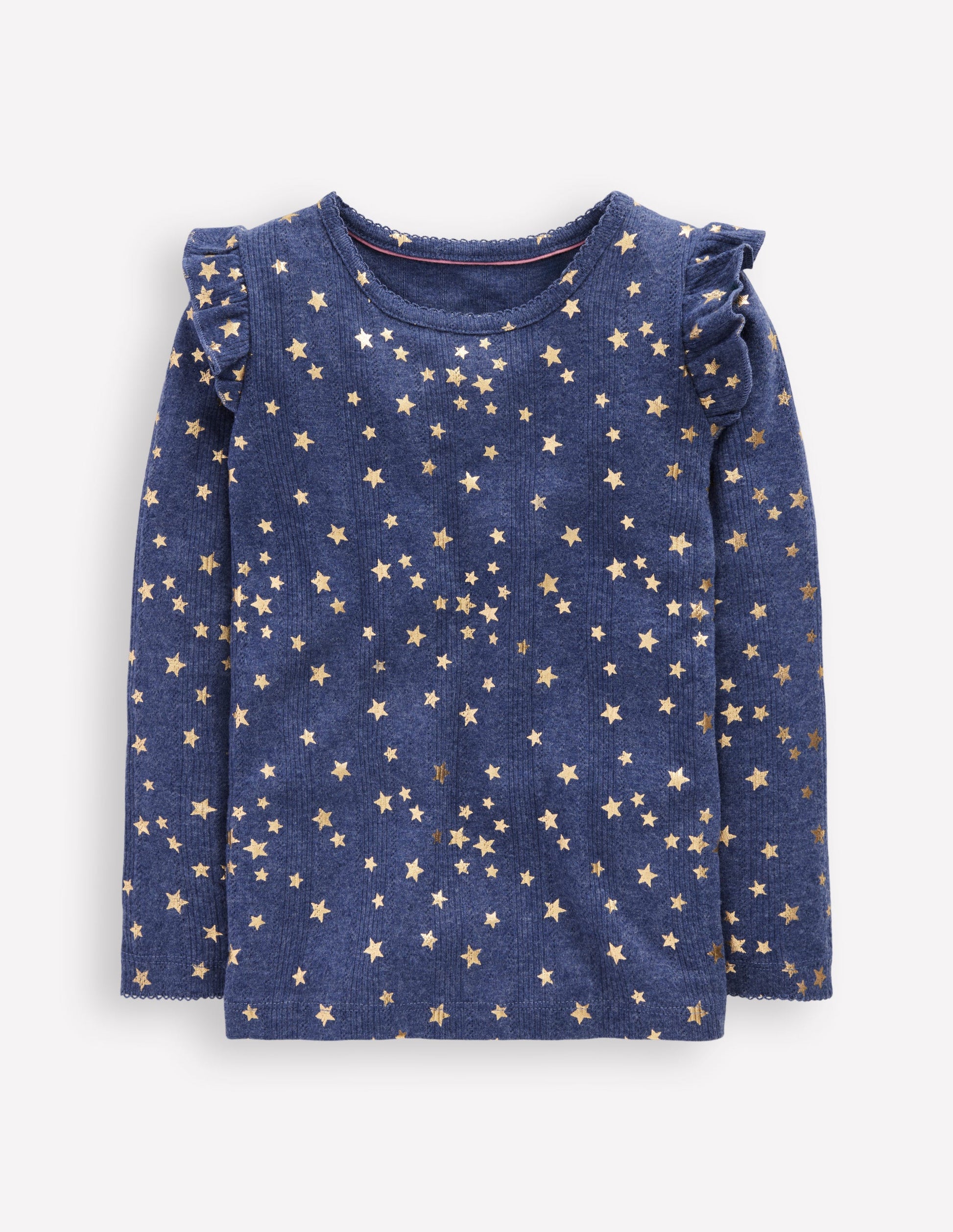 Frill Sleeve Pointelle Top-Navy-1