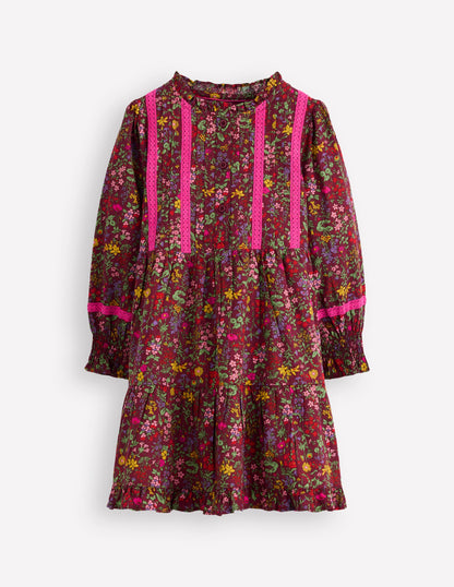 Gewebtes Kleid mit Spitzendetail-Kastanie Blumenwiese-2