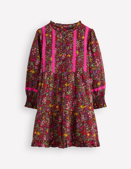 Gewebtes Kleid mit Spitzendetail-Kastanie Blumenwiese