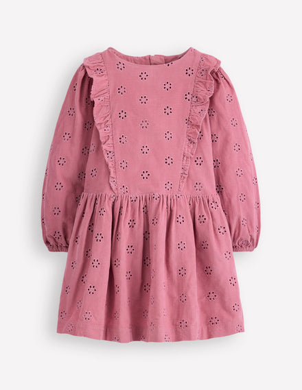 Cord-Kleid mit Lochstickerei-Rosa Schleier