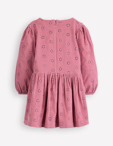 Cord-Kleid mit Lochstickerei-Rosa Schleier