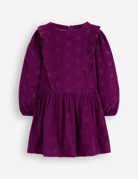 Cord-Kleid mit Lochstickerei-Brombeere