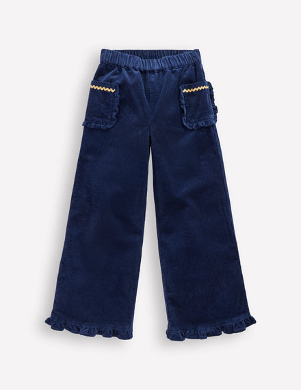 Pantalon à enfiler volanté en velours côtelé-Bleu Marine Étincelant