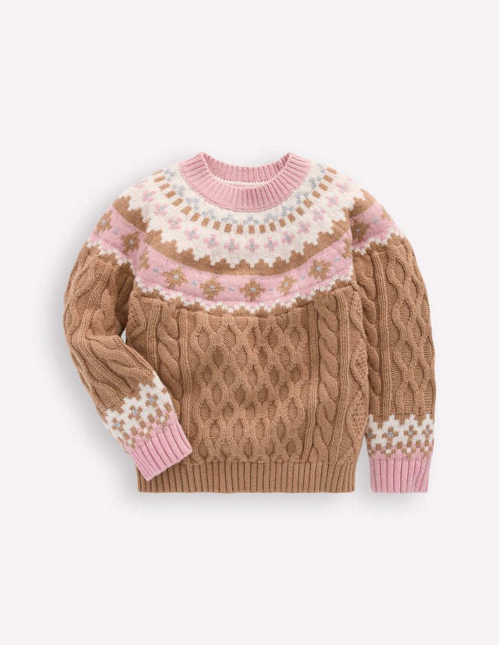 Fair-Isle-Pullover mit Zopfmuster-Camel Meliert