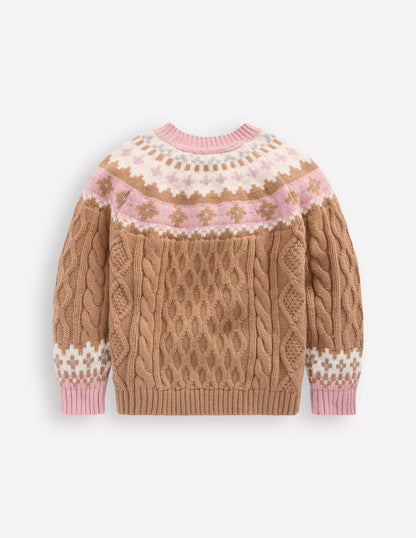 Fair-Isle-Pullover mit Zopfmuster-Camel Meliert-3