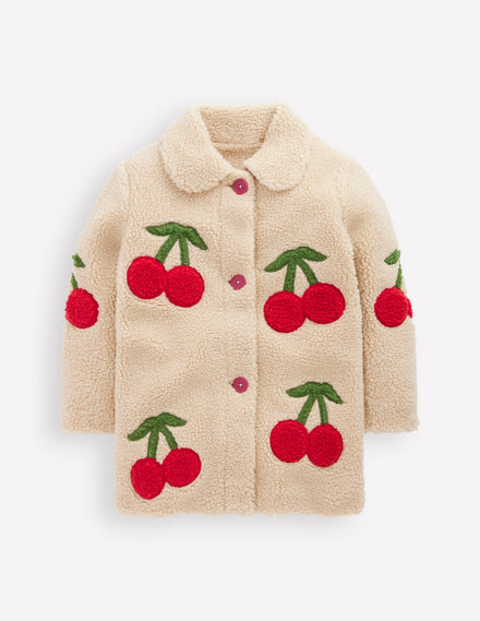 Auffällige Teddyfelljacke-Kirsch-Applikation