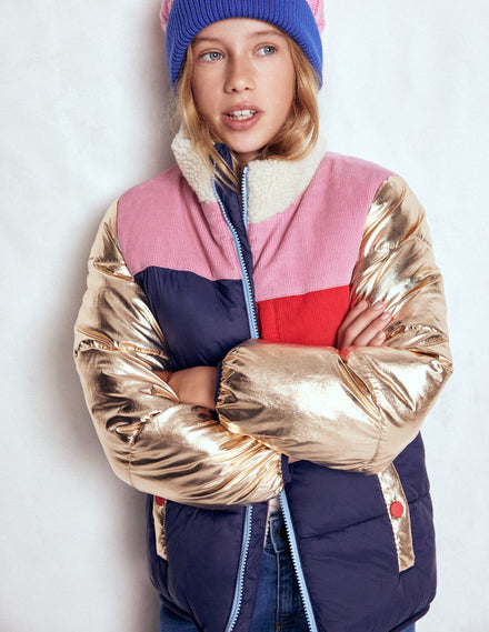 Kuschelige Pufferjacke-Metallic Blockfarben
