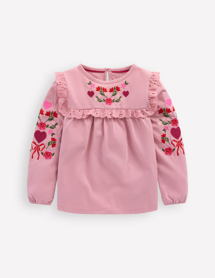 Hübsches Oberteil mit Stickerei-Vintage-Rosa Stickerei