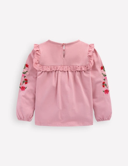 Hübsches Oberteil mit Stickerei-Vintage-Rosa Stickerei