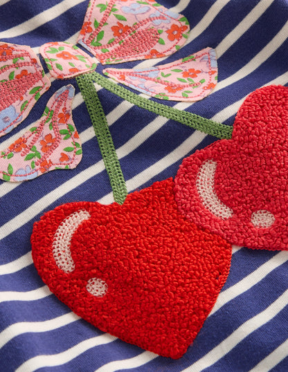 Frill Sleeve Appliqué T-shirt-Starboard Blue Cherry Hearts-3