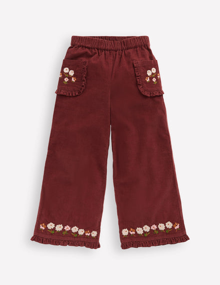 Pantalon volanté brodé-Broderie châtaigne