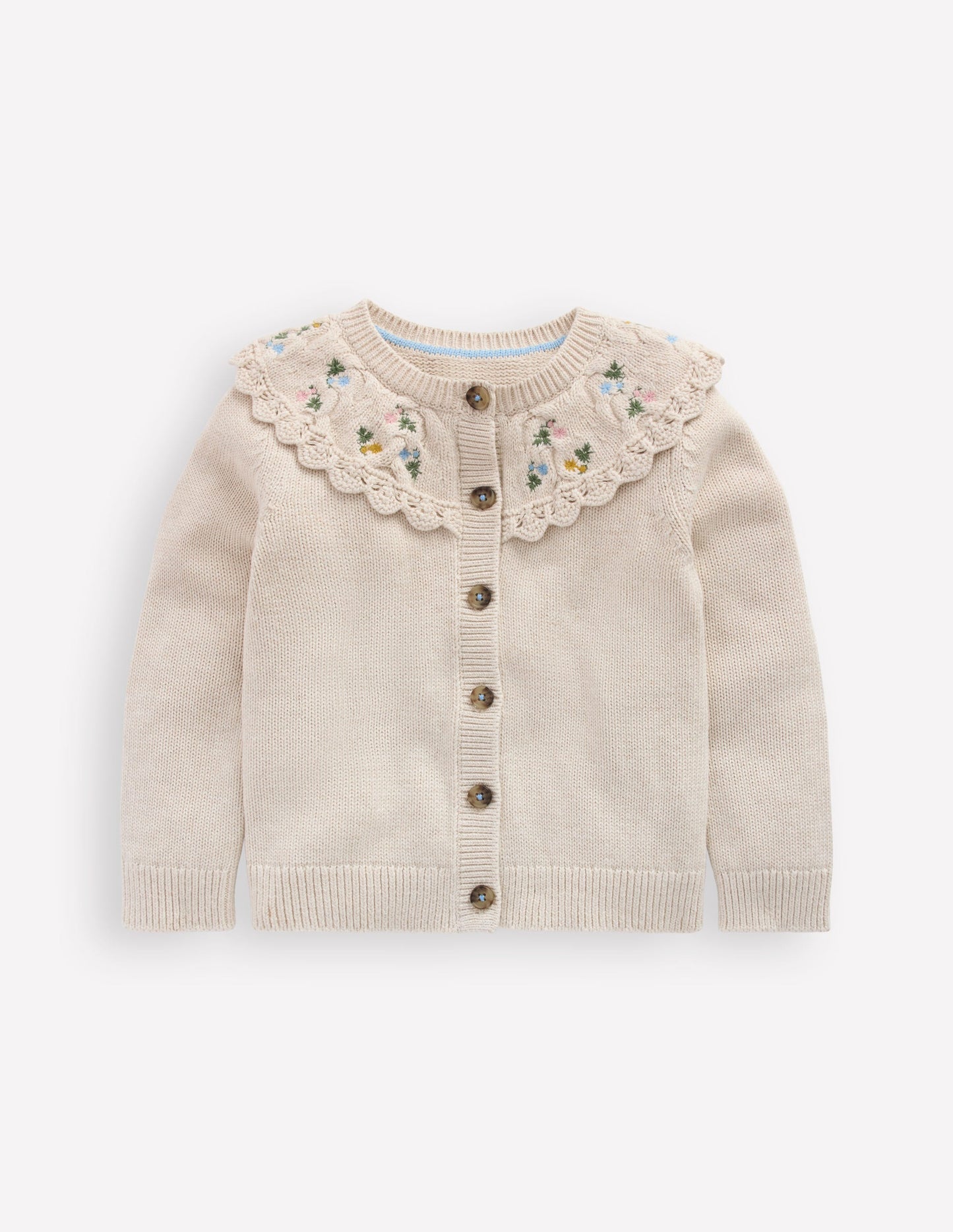Strickjacke mit bestickter Passe-Beige Meliert