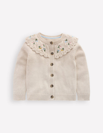 Strickjacke mit bestickter Passe-Beige Meliert-1