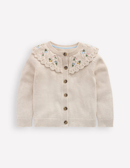 Strickjacke mit bestickter Passe-Beige Meliert