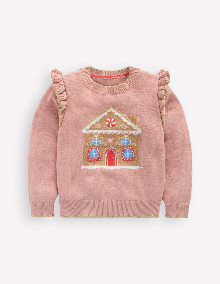 Origineller Rüschenpullover mit Logo-Vintage-Rosa Lebkuchenhaus