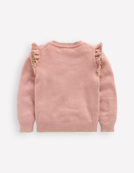 Origineller Rüschenpullover mit Logo-Vintage-Rosa Lebkuchenhaus