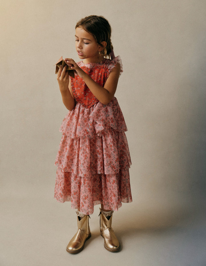 Tüllkleid mit Herz-Lachsrosa Wiese Blumenmuster