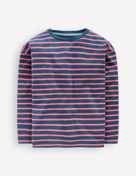 Langärmliges, lockeres Bretonshirt-Nordseeblau/Lachsrosa