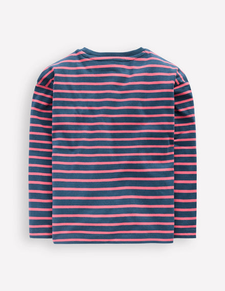 Langärmliges, lockeres Bretonshirt-Nordseeblau/Lachsrosa