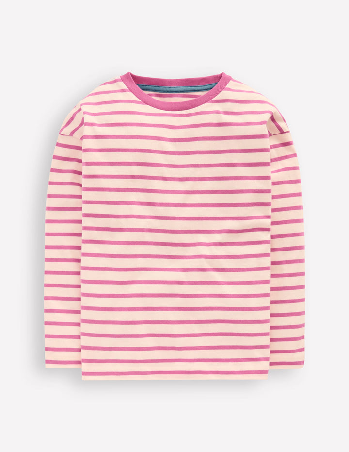 Langärmliges, lockeres Bretonshirt-Pink/Haferbeige Meliert