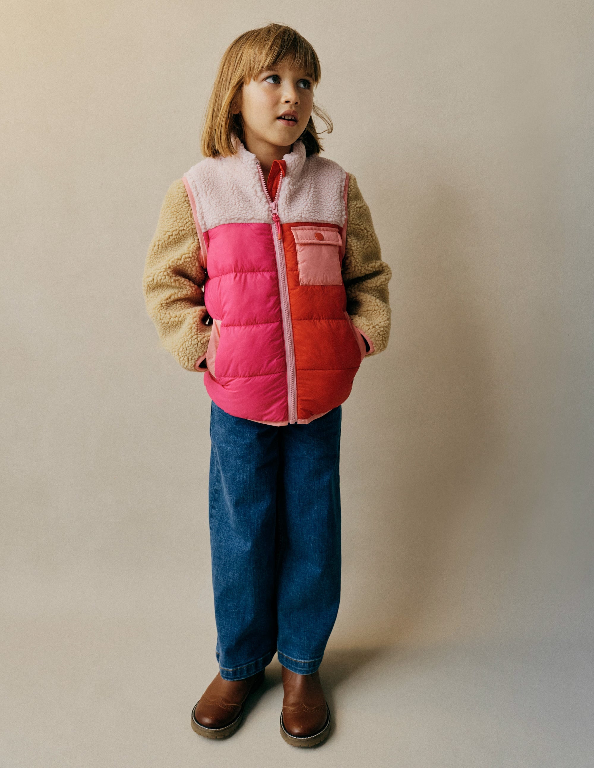 2-in-1 Jacke aus Teddyfell-Mix-Teddyfell Rosa Blockfarben - Image 1