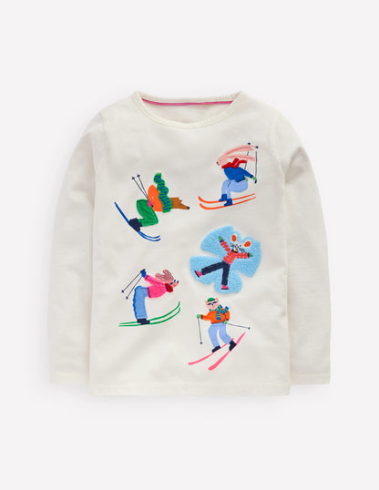 Long Sleeve Bouclé T-shirt-Soft Ivory Skiers-1