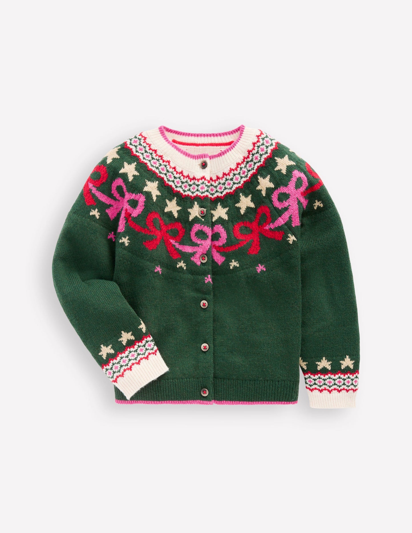 Edie Fair-Isle-Strickjacke-Dunkles Smaragdgrün Schleifen