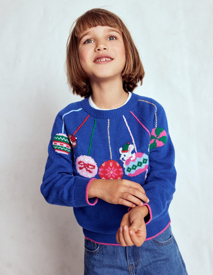 Pull à logo fantaisie-Boules de Noël bleu marine universitaire