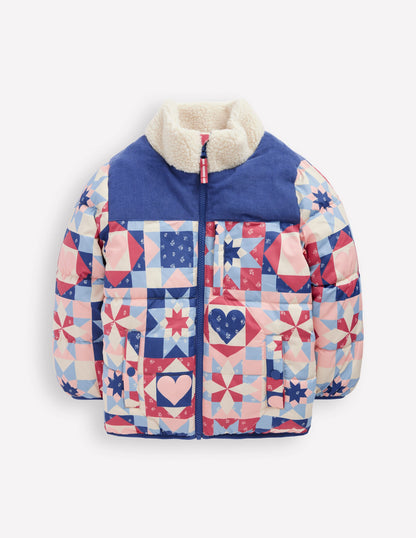 Kuschelige Pufferjacke-Alaskablau Patchwork-2