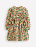 Gewebtes Kleid mit Rüschenausschnitt-Sanftes Naturweiß Blumenwiese