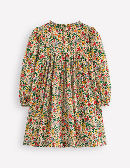 Gewebtes Kleid mit Rüschenausschnitt-Sanftes Naturweiß Blumenwiese-2