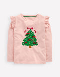 T-shirt à manches volantées et appliqué-Sapin de Noël rose craie