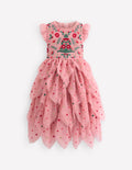 Gestuftes Partykleid aus Tüll-Vintage-Rosa Stickerei