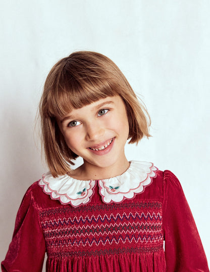 Gemütliches, gesmoktes Kleid mit Kragen-Karminrot-2